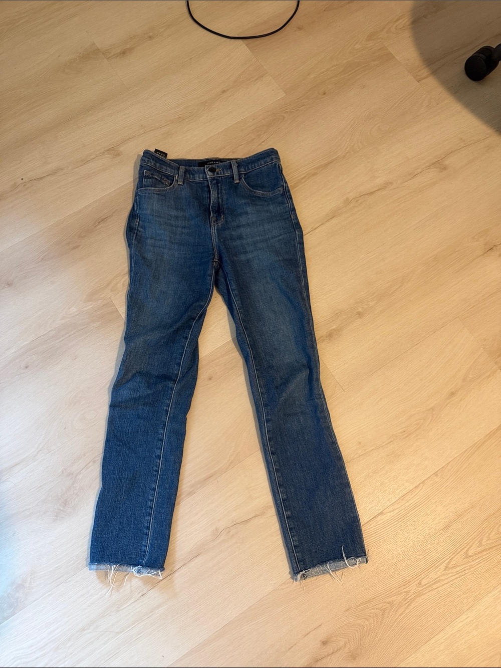 J Brand Dark Blue Straight-Leg Jeans with Raw Hem